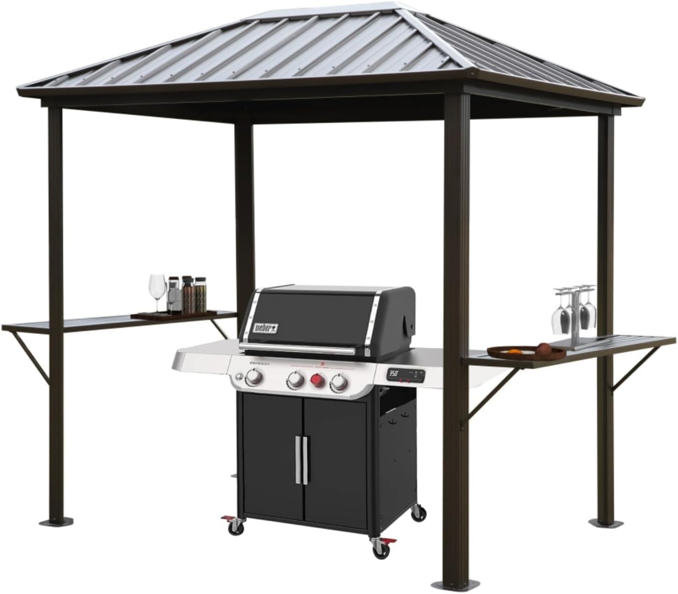 【WZZHHJ】 BBQ Hard Top Gazebo 6x8ft – Outdoor Metal Hard Top Permanent BBQ Gazebo with Galvanized Steel Weather Resistant Top, Stable 3'x3' Triangular Aluminum Frame, Double Sided Metal Shelves