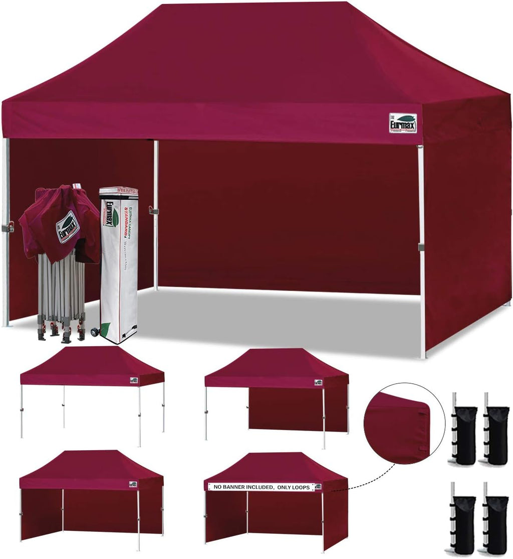 Eurmax USA 10x15 Pop Up Canopy Tent,Commercial Tent with Patented No-Tip Rolling Bag,4 Zippered Removable Walls,UV & Water Resistant Canopy Top,Heavy Duty Outdoor Gazebo,Instant Shelter(Burgundy)