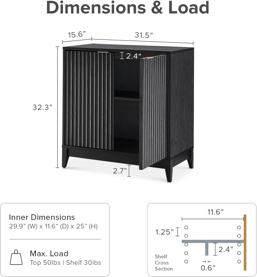 mopio Brooklyn Fluted Storage Cabinet, Modular Accent Buffet Sideboard with Adjustable Shelf, FSC Certified 50lb load Modern Farmhouse Wood Credenza for Dining, Living Room, Entryway (Black, Set of 3)