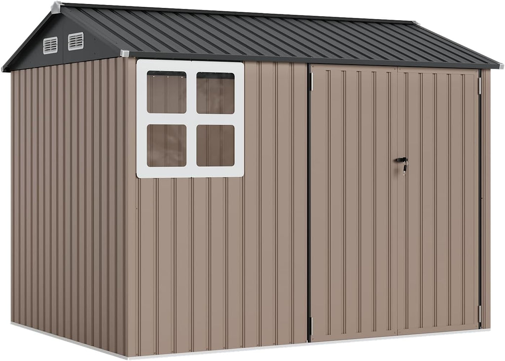 Garvee 6x8 Ft Heavy-Duty Metal Storage Shed with Lockable Door & Windows - Galvanized Steel Outdoor Utility Shed with Sloped Roof for Backyard, Garden, Garage, and Patio, Brown