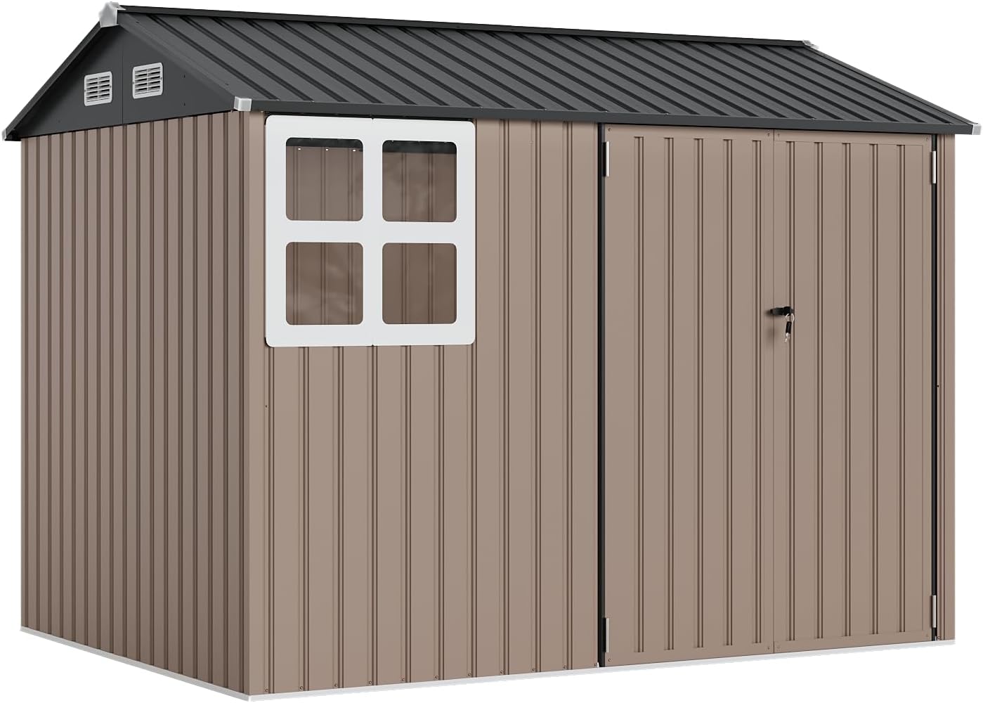 Garvee 6x8 Ft Heavy-Duty Metal Storage Shed with Lockable Door & Windows - Galvanized Steel Outdoor Utility Shed with Sloped Roof for Backyard, Garden, Garage, and Patio, Brown