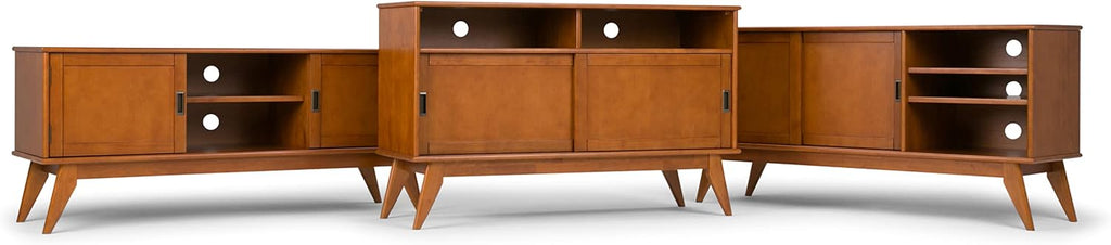 SIMPLIHOME Draper TV Stand - 54 inch Wide Solid Wood Tall Media Console in Teak Brown, Mid Century Modern Entertainment Center for Living Room for TVs up to 60 Inches with Shelves and Cable Management