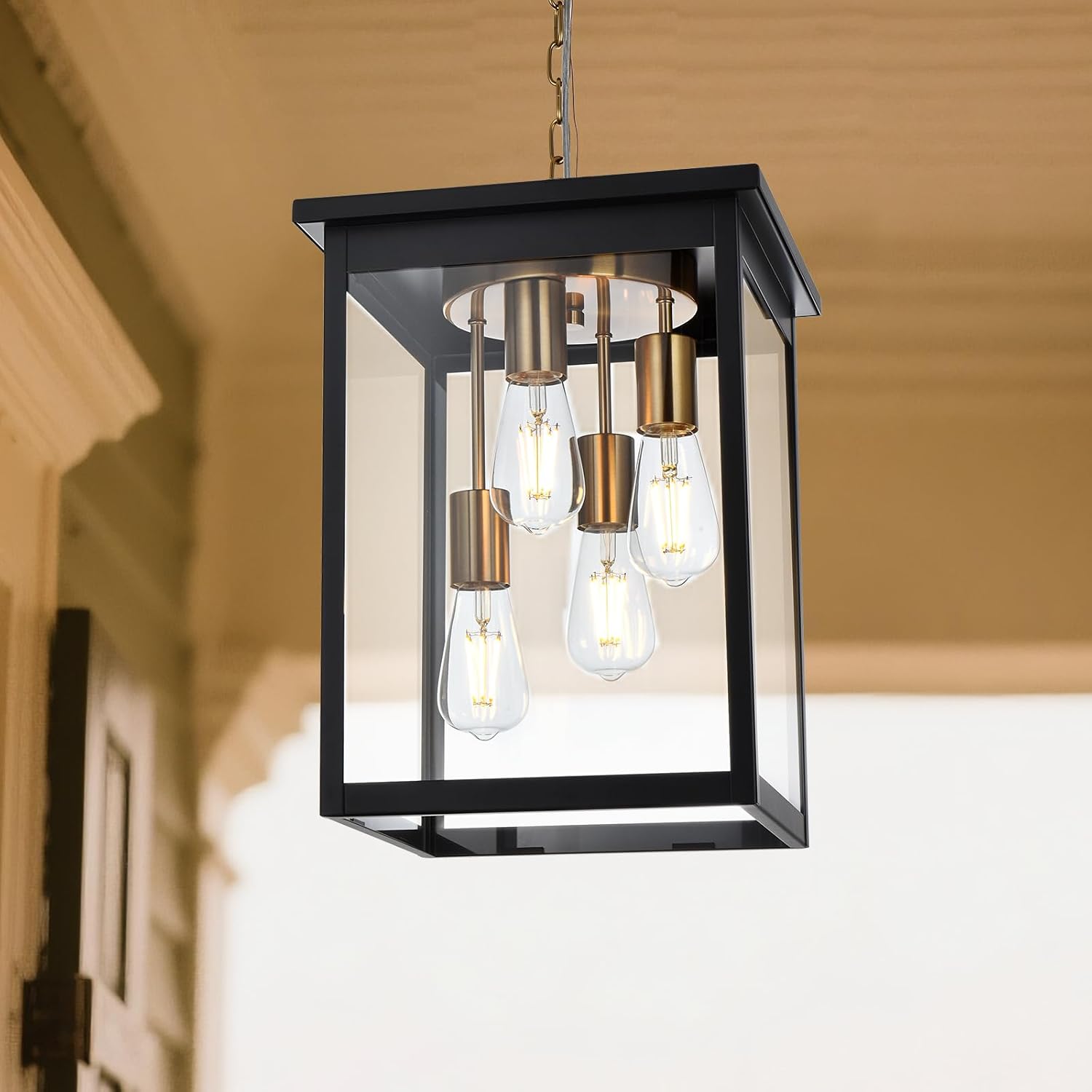Yaohong Large Outdoor Pendant Light, 4-Lights Black and Brushed Brass Exterior Hanging Porch Chandelier Lantern with Clear Glass, Outdoor Ceiling Light Fixture for Entryway Gazebo Patio