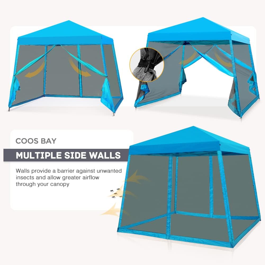 COOS BAY 10x10 Pop Up Canopy Tent with Screen Netting, Slant Leg Canopy with UPF 50+ UV Protection, 64 Sq Ft Shade, One Person Setup with Carry Bag, Light Blue