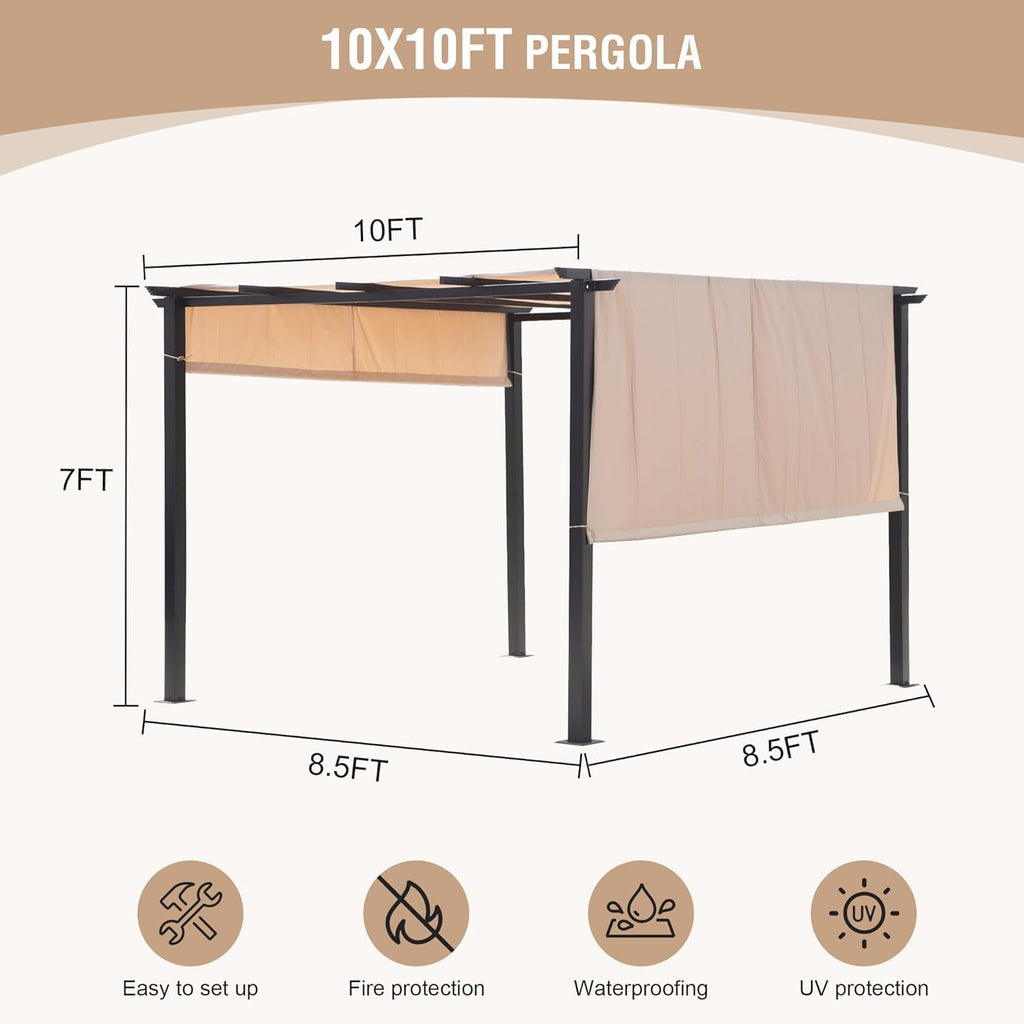 10' X 10' Outdoor Modern Steel Pergola with Retractable Canopy, Beige