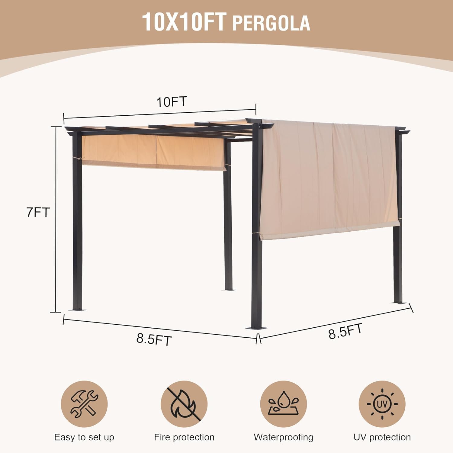 10' X 10' Outdoor Modern Steel Pergola with Retractable Canopy, Beige