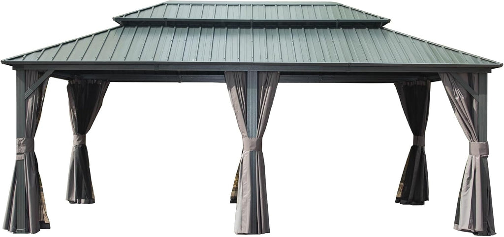 12' X 20' Hardtop Gazebo, Aluminum Metal Gazebo with Galvanized Steel Double Roof Canopy, Curtain and Netting, Pent Gazebo Pavilion for Patio, Backyard, Deck, Lawn