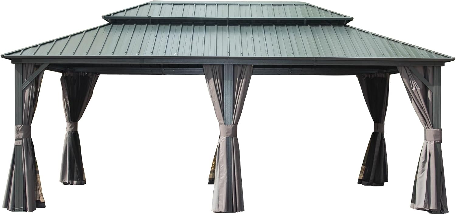 12' X 20' Hardtop Gazebo, Aluminum Metal Gazebo with Galvanized Steel Double Roof Canopy, Curtain and Netting, Pent Gazebo Pavilion for Patio, Backyard, Deck, Lawn