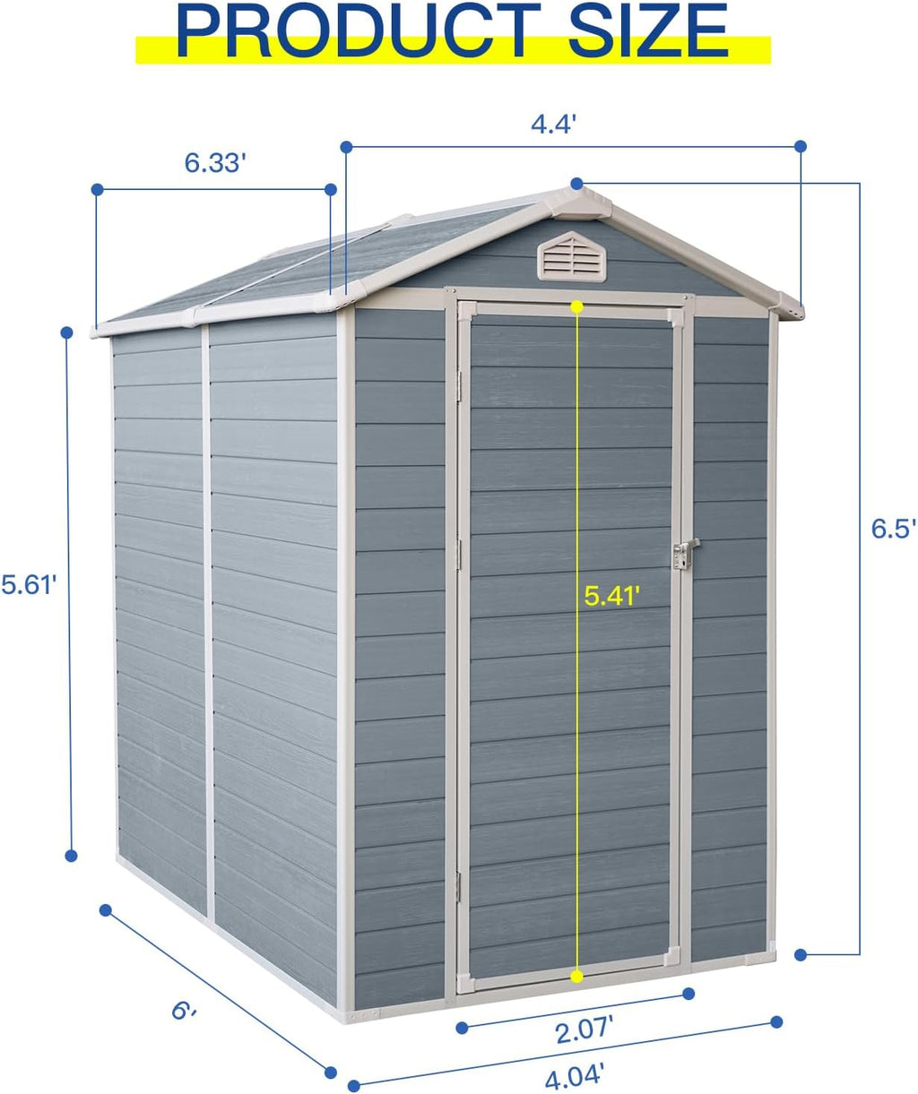 4x6 ft Outdoor Resin Storage Shed with Floor, Waterproof Plastic Garden Shed with Lockable Door and Windows, All-Weather Tool Sheds for Backyard, Patio, Lawn (Grey)