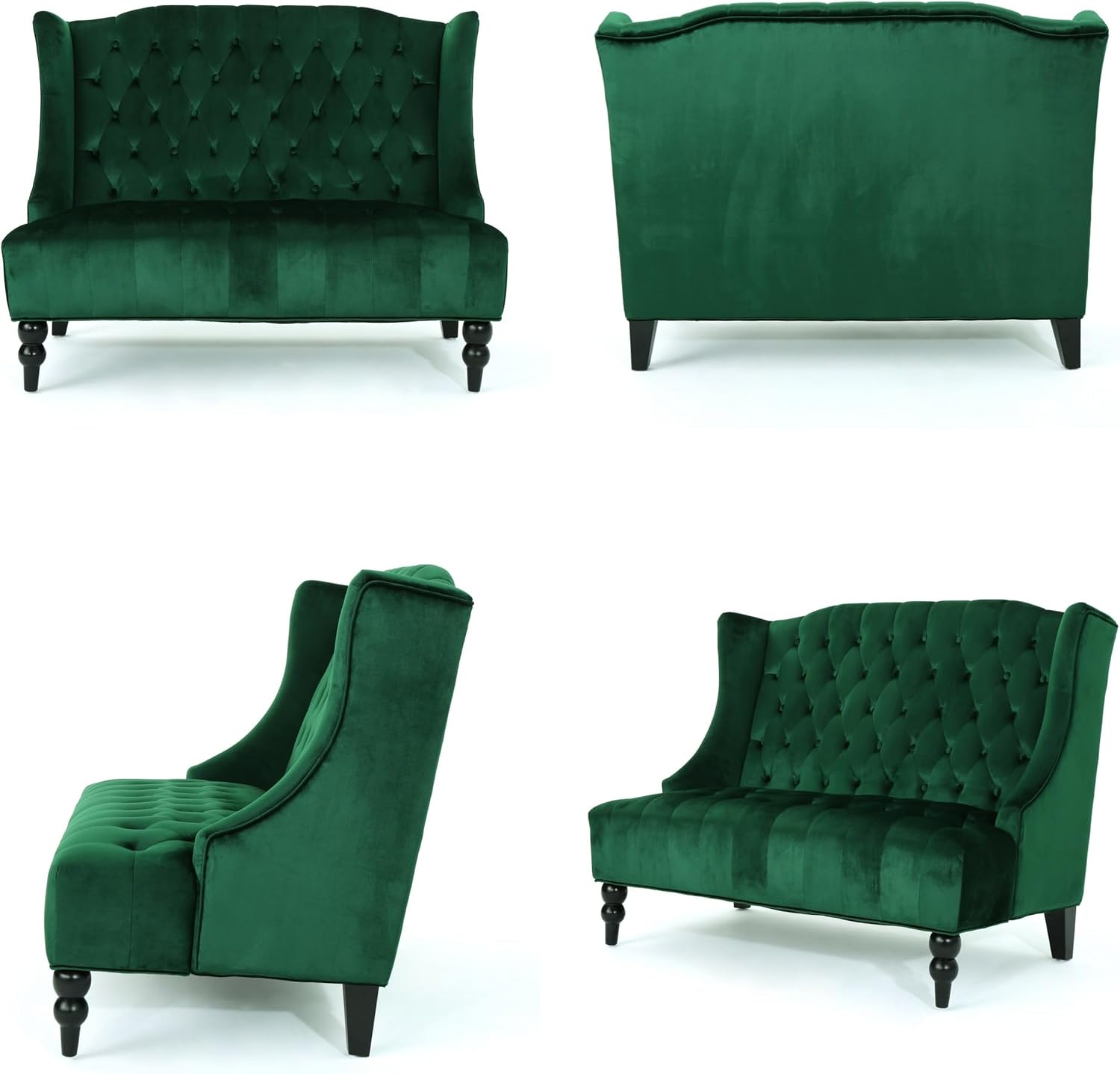 Modern Tufted Velvet Wingback Loveseat, Tufted Velvet 2 Seat Couch Sofas with High Back Thick Padded Cushioned Seats for Living Room, Victorian Style, Emerald