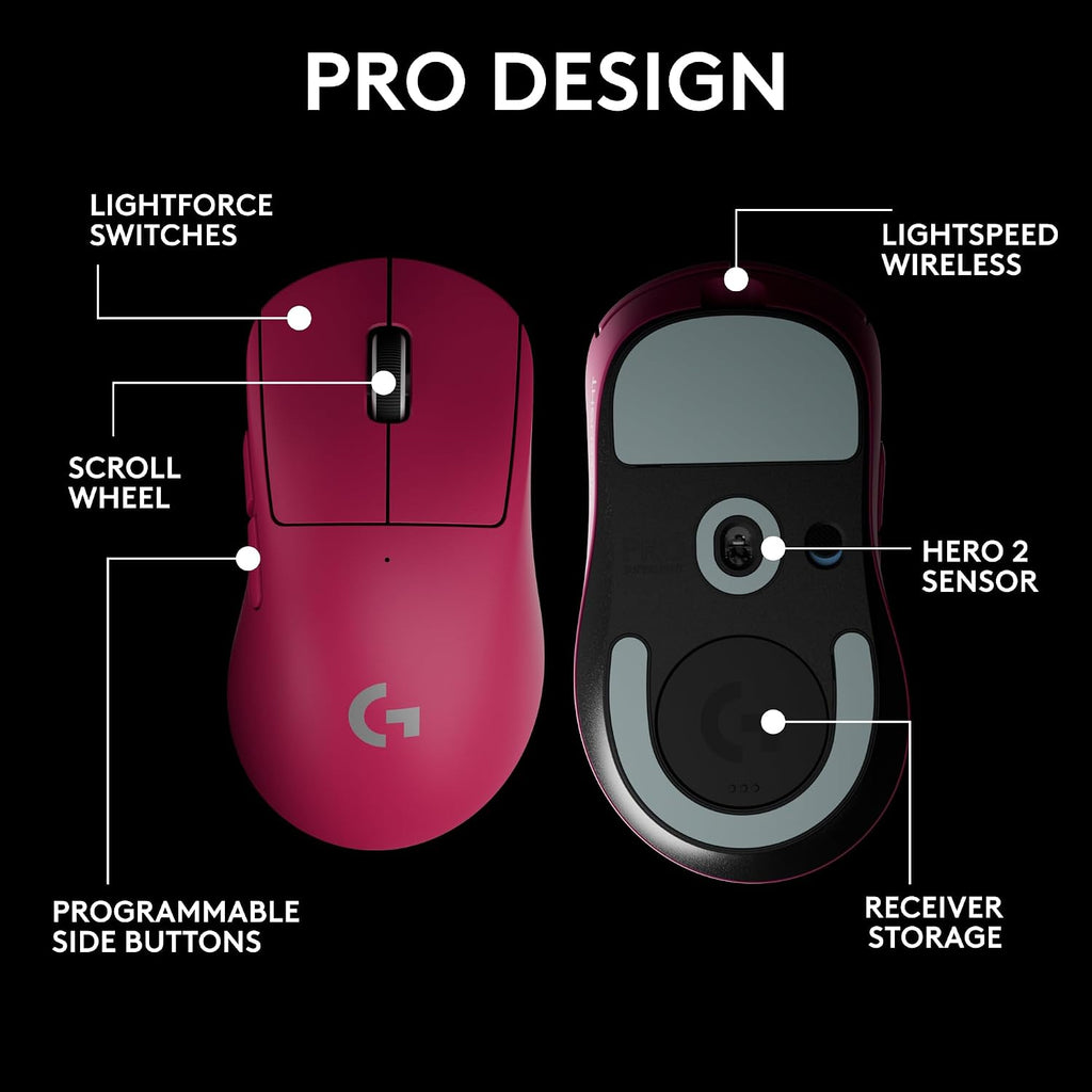 Logitech PRO X Superlight 2 DEX Wireless Gaming Mouse, Pink | Lightweight, Hero 2 Sensor, 44k DPI, 5 Programmable Buttons, Lightspeed Wireless, Right Hand, PC/Mac | Signature Series Charging Dock