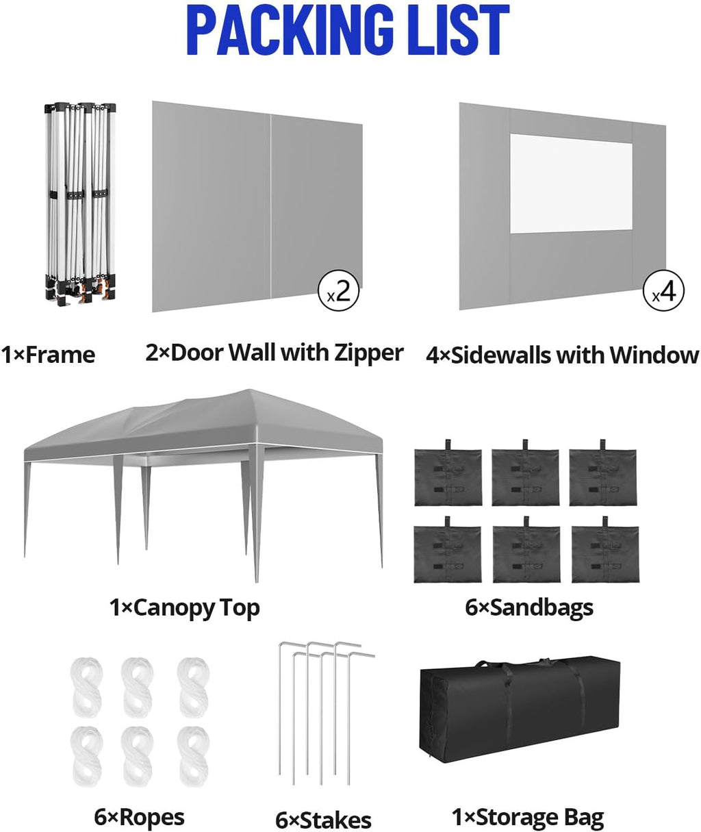 10X20Ft Pop Up Wedding Party Tent with 6 Sidewalls - Heavy Duty Commercial Outdoor Canopy, Waterproof Gazebo Canopy Tent, Canopy All Season with Storage Bag, Gray