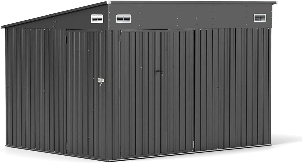 10x8ft Black Metal Tool Shed with Triple Lockable Doors, Heavy-Duty, Weather-Resistant & Rustproof Outdoor Storage for Tools, Garden Equipment, Bikes & Backyard Essentials