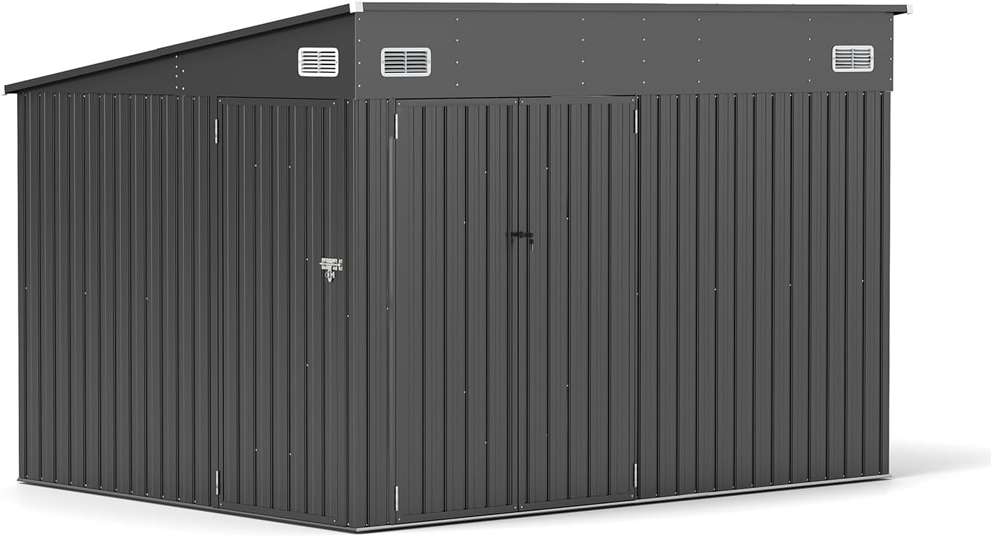 10x8ft Black Metal Tool Shed with Triple Lockable Doors, Heavy-Duty, Weather-Resistant & Rustproof Outdoor Storage for Tools, Garden Equipment, Bikes & Backyard Essentials