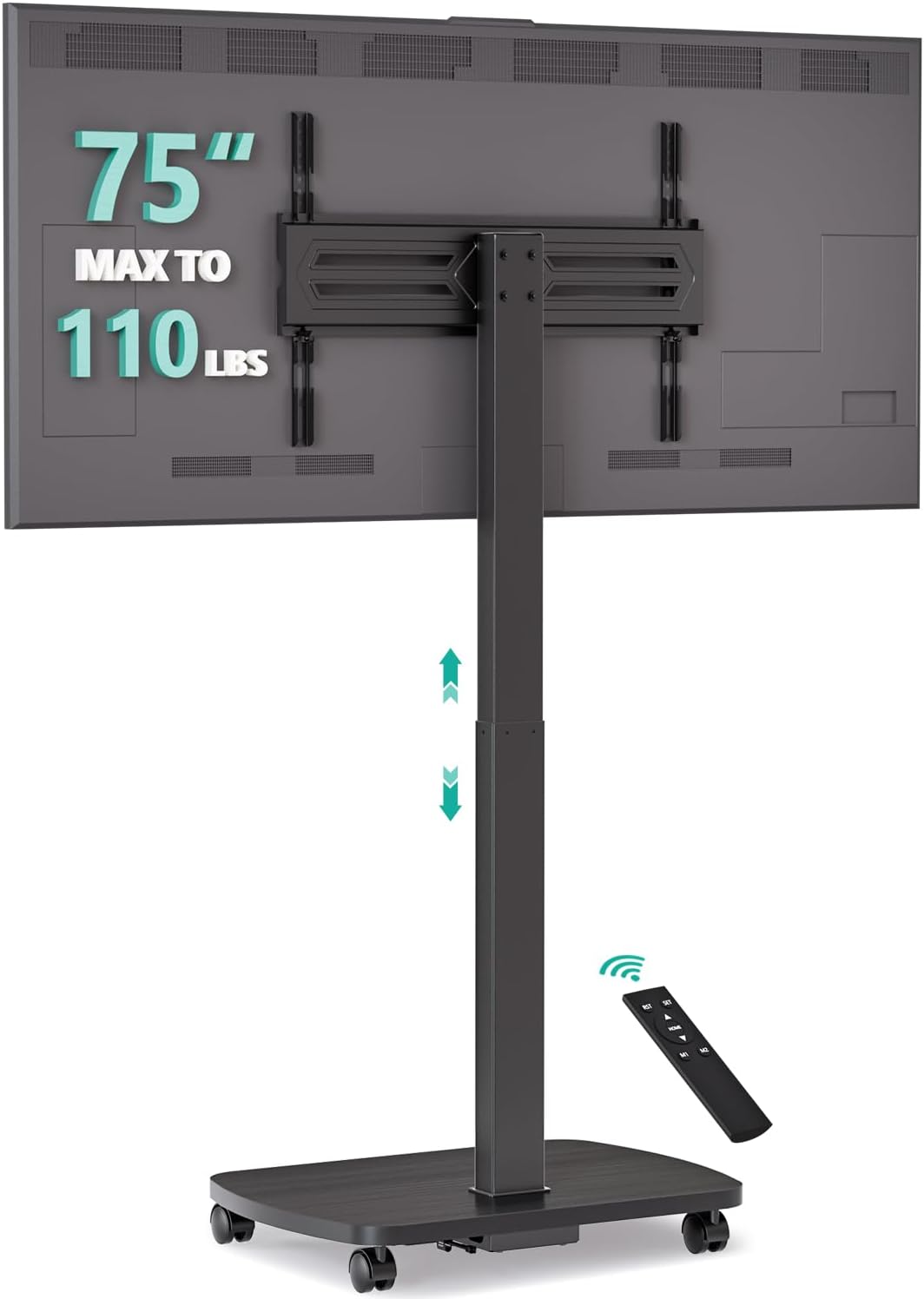WALI Motorized Rolling TV Stand Lift on Wheels, Electric Height Adjustable Television Stand Mount with Remote for 30-75' TVs up to 110 lbs, Mobile TV Cart with Wood Base for Bedroom(TVDVD-7ER), Black