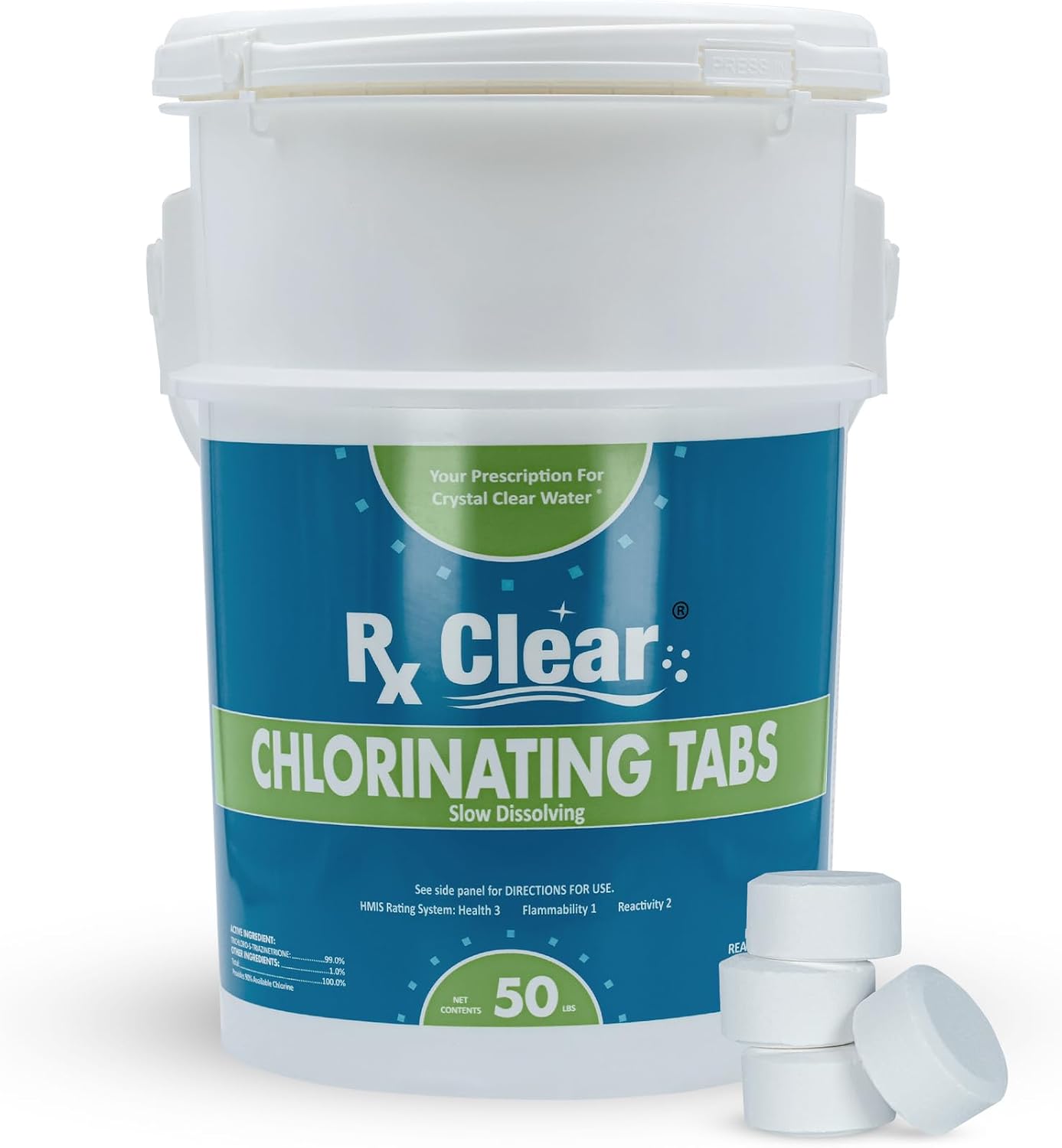 Rx Clear 1' Inch Chlorine Tabs | 50 Pounds | Use Tablets as Bactericide, Algaecide, & Disinfectant in Swimming Pools | Stabilized, Long Lasting, Slow Dissolving, & UV Protected
