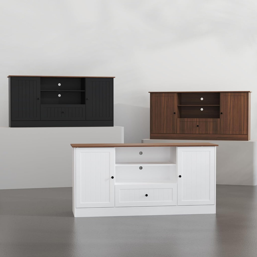 Furnify 63 in Farmhouse TV Stand for TVs up to 70 Inch, Modern Entertainment Center with Storage Drawer and Open Shelves, Shaker Door TV Console Media Cabinet for Living Room, Bedroom, Walnut