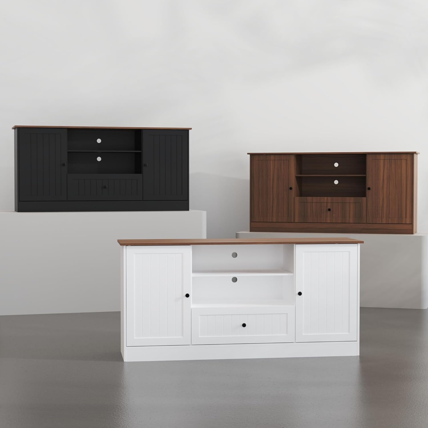 Furnify 63 in Farmhouse TV Stand for TVs up to 70 Inch, Modern Entertainment Center with Storage Drawer and Open Shelves, Shaker Door TV Console Media Cabinet for Living Room, Bedroom, Walnut