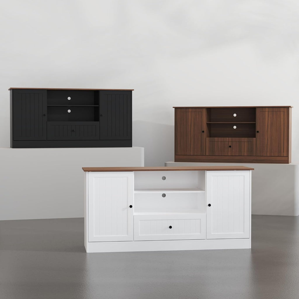 Furnify 63 in Farmhouse TV Stand for TVs up to 70 Inch, Modern Entertainment Center with Storage Drawer and Open Shelves, Shaker Door TV Console Media Cabinet for Living Room, Bedroom, White