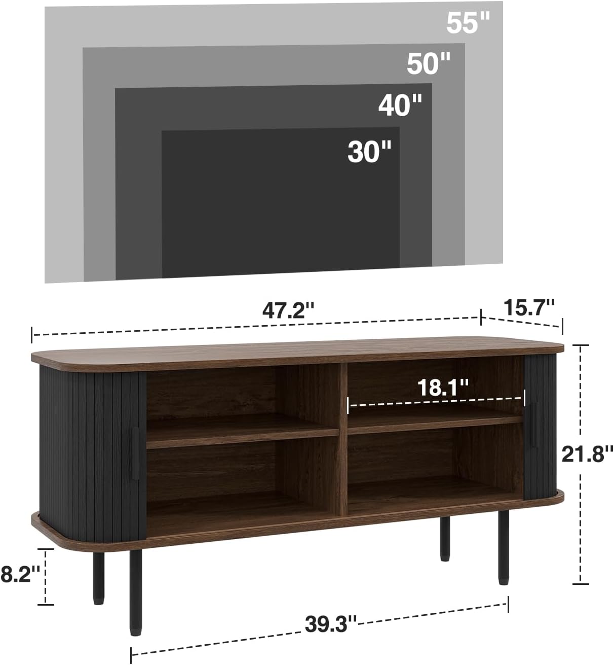 Befrases 47''W Modern TV Stand Cabinet with Storage for TVs up to 55 Inch, Fluted TV Entertainment Center with Slatted Tambour Doors, Media Console for Living Room, Entryway, Black