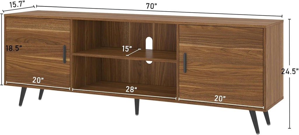 70 Inch Mid Century Modern TV Stand for 75 Inch TV, Wood TV Stand with Storage, Entertainment Center for Living Room Bedroom, TV Media Console, Walnut