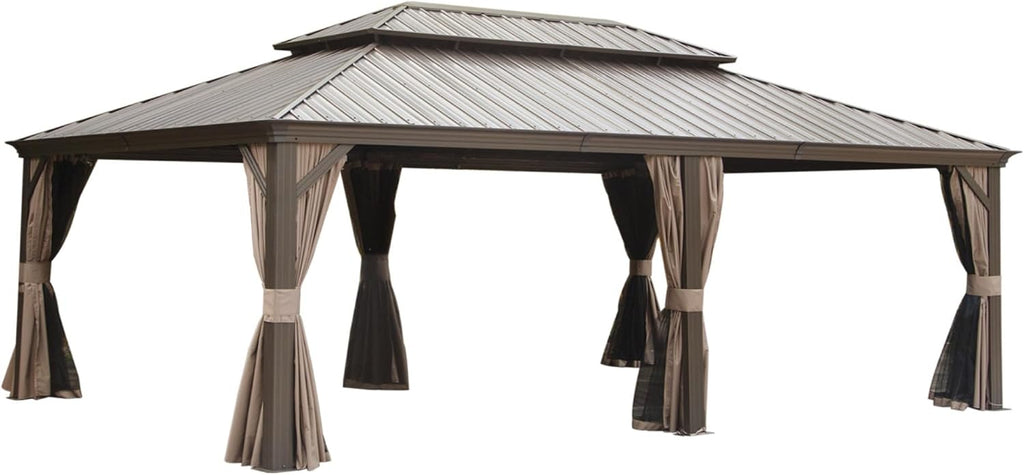 GOWE 14x22FT Hardtop Gazebo, Outdoor Gazebo with Galvanized Steel Double Roof, Aluminum Frame, Built-in Gutter System, Curtain and Netting, Metal Gazebo Pavilion for Patio Deck Garden, Brown