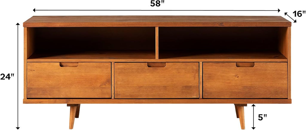 Walker Edison 3-Drawer Mid Century Modern Wood TV Stand for TV's up to 65' Flat Screen Cabinet Door Living Room Storage Entertainment Center, 58 Inch, Caramel