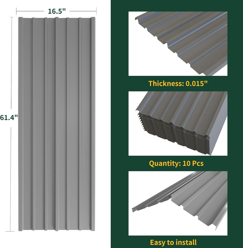 NeatiEase 10 Pcs Metal Roofing Panels, 5.1 Feet Corrugated Galvanized Roofing Panels Metal Siding Panels with Steel Screws for Pergola, Gazebo, Shed, Outdoor Storage, Chicken Coop, Patio,Garages