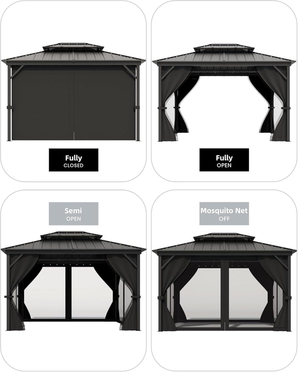 GAOMON Hardtop Gazebo 10'x12' for All Weather, with Double Metal Roof, Aluminum Alloy Frame, Net, and Curtain, Permanent Building of Backyard Luxury for Patio, Deck, Backyard, Lawn, and Garden, Gray