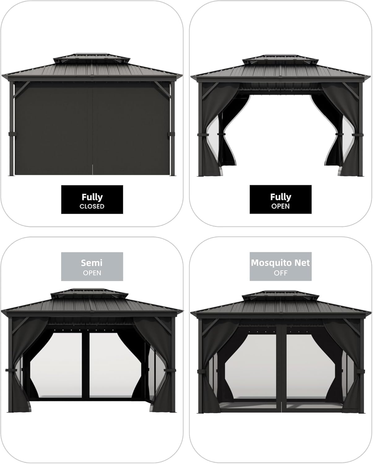 GAOMON Hardtop Gazebo 10'x12' for All Weather, with Double Metal Roof, Aluminum Alloy Frame, Net, and Curtain, Permanent Building of Backyard Luxury for Patio, Deck, Backyard, Lawn, and Garden, Gray