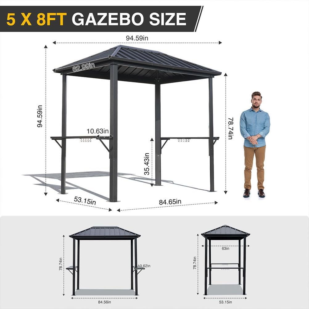 5'x8' Grill Gazebo,Outdoor Metal Hardtop BBQ Gazebo with Sturdy Aluminum Frame & Shelves - Outdoor BBQ Canopy Shelter for Patio, Backyard, Lawn, Garden