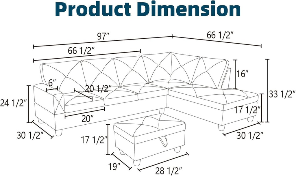 97' L Shaped Couch Set Leather, Modular Sectional Couches for Living Room with Storage Ottoman, 4 Seat Home Sofa Living Room Furniture Sets with Chaise for Apartment Office (Black)