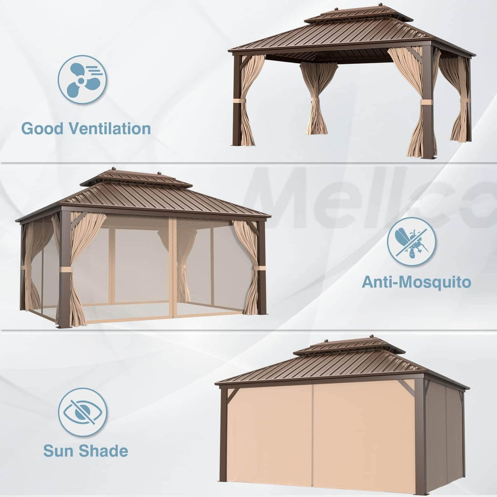 MELLCOM 10'x13' Hardtop Gazebo, Galvanized Steel Double Roof Metal Canopy with Aluminum Frame, Brown Permanent Patio Gazebos with Curtains and Netting for Patios, Gardens, Lawns