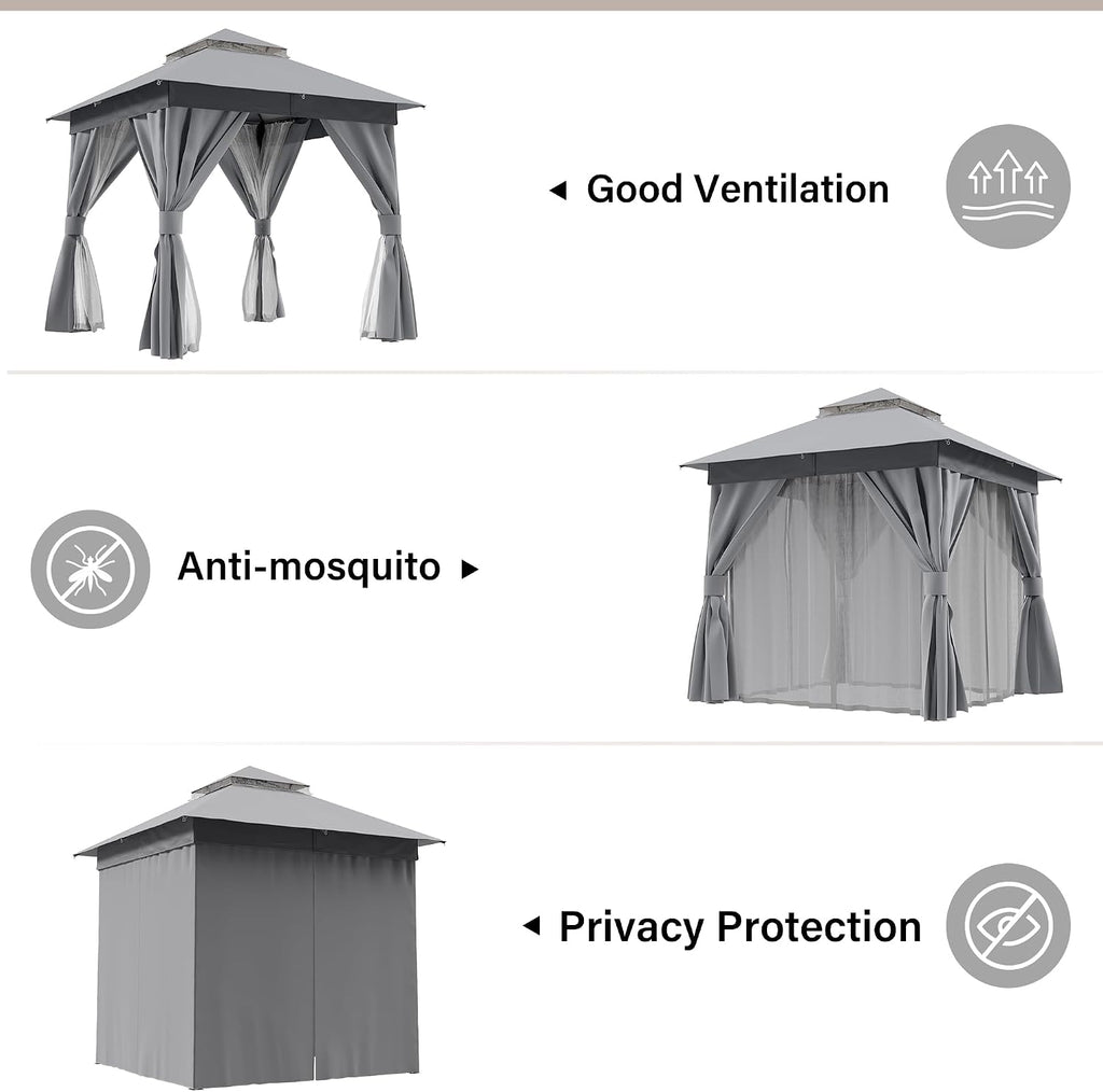 LAUSAINT HOME 8'x8' Outdoor Patio Gazebo, Heavy Duty Party Tent & Shelter with Double Roofs, Mosquito Nettings and Privacy Screens for Backyard, Garden, Deck (Grey)