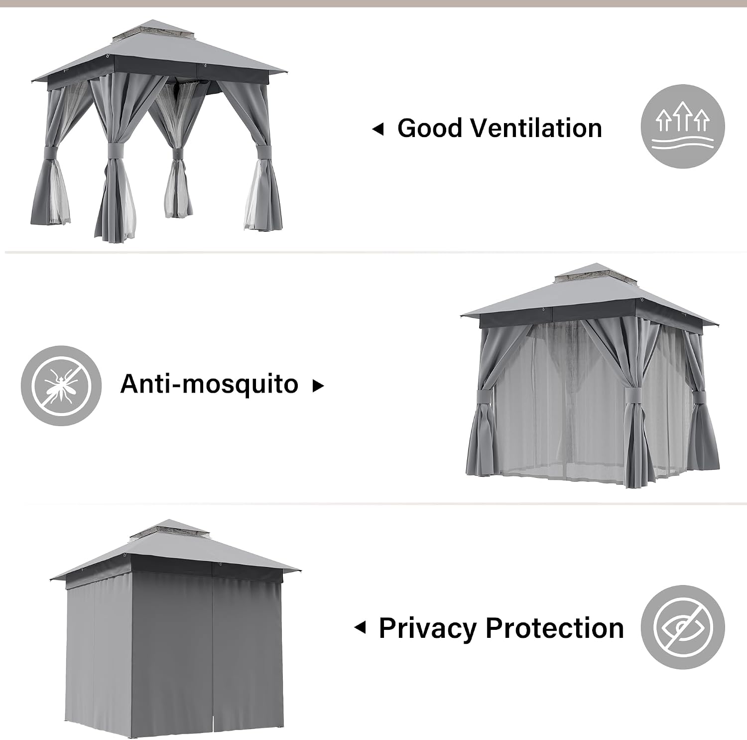 LAUSAINT HOME 8'x8' Outdoor Patio Gazebo, Heavy Duty Party Tent & Shelter with Double Roofs, Mosquito Nettings and Privacy Screens for Backyard, Garden, Deck (Grey)