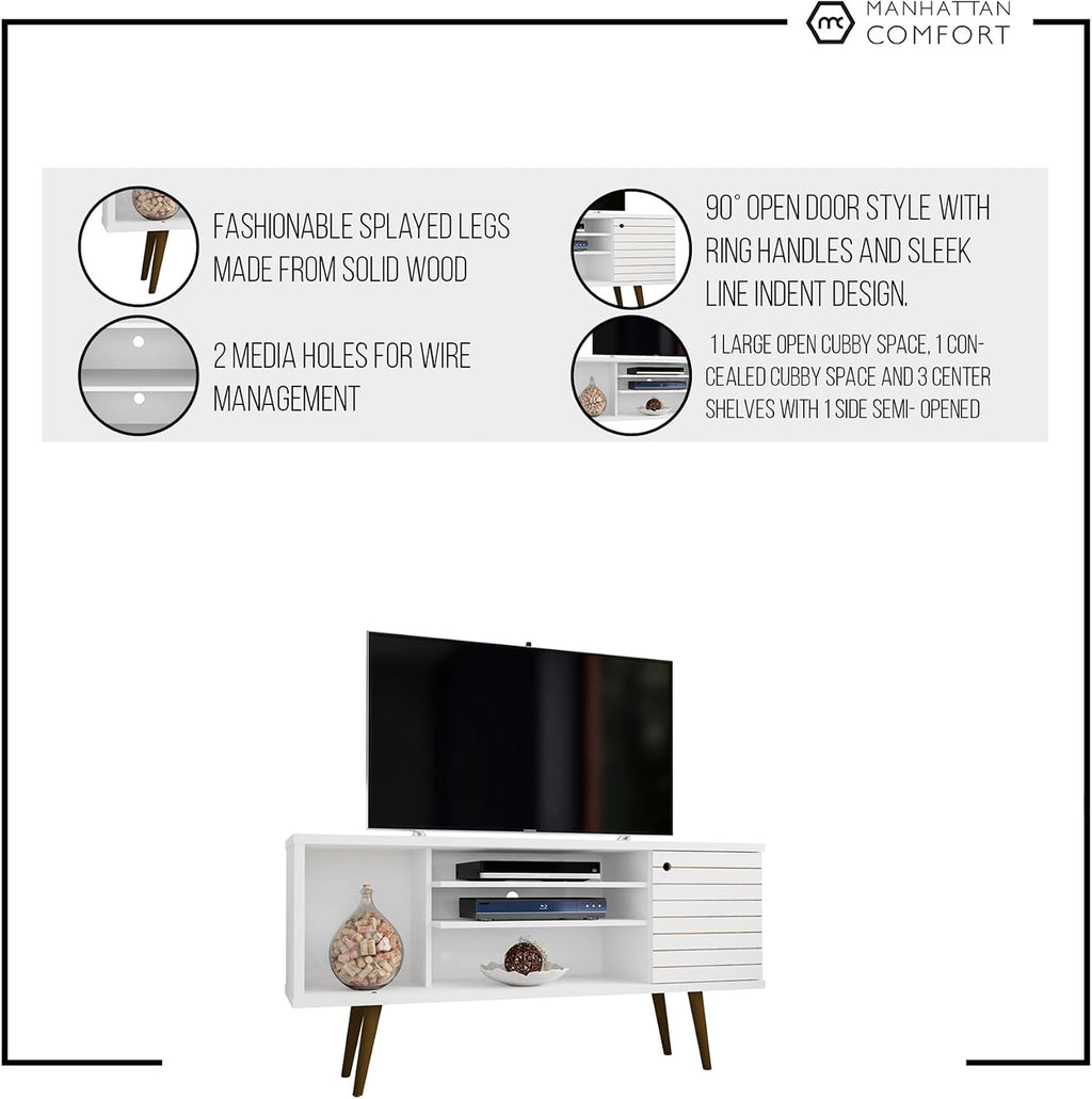 Manhattan Comfort Liberty Mid Century Modern TV Stand for Televisions up to 50 Inches, Bedroom and Living Room Entertainment Center with Storage, Shelves, and Cabinet, 53' Wide, White/Rustic