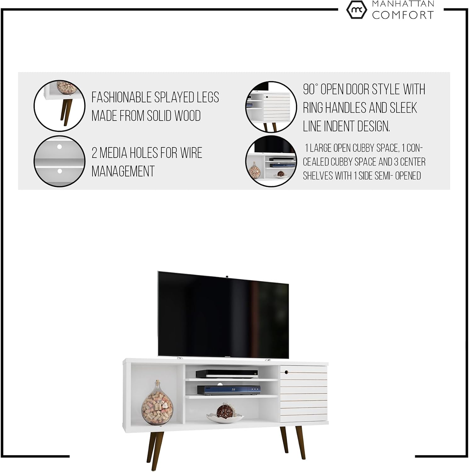 Manhattan Comfort Liberty Mid Century Modern TV Stand for Televisions up to 50 Inches, Bedroom and Living Room Entertainment Center with Storage, Shelves, and Cabinet, 53' Wide, White/Rustic