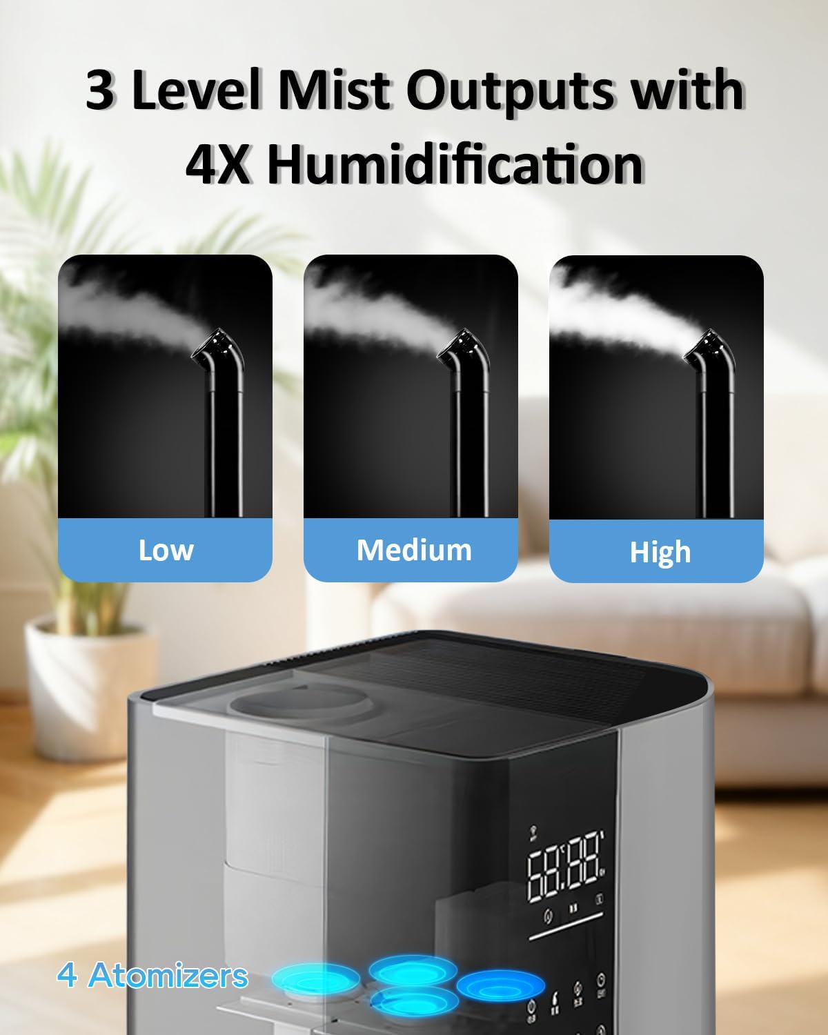 Lacidoll Humidifier Large Room,26L/6.8Gal Whole House Humidifiers for Bedroom Home 3000 sq.ft,1800ml/H,Commercial and Industrial Humidifiers with 360° Nozzle & Extension Tube,Top Fill,Gray