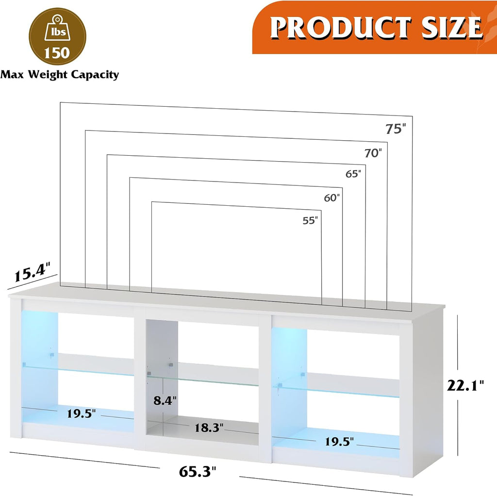 WLIVE TV Stand for 55/65/75 Inch TV, Modern Entertainment Center with LED Lights & Adjustable Glass Shelves, Sturdy Media Console for Living Room, Bedroom,Gaming (White)