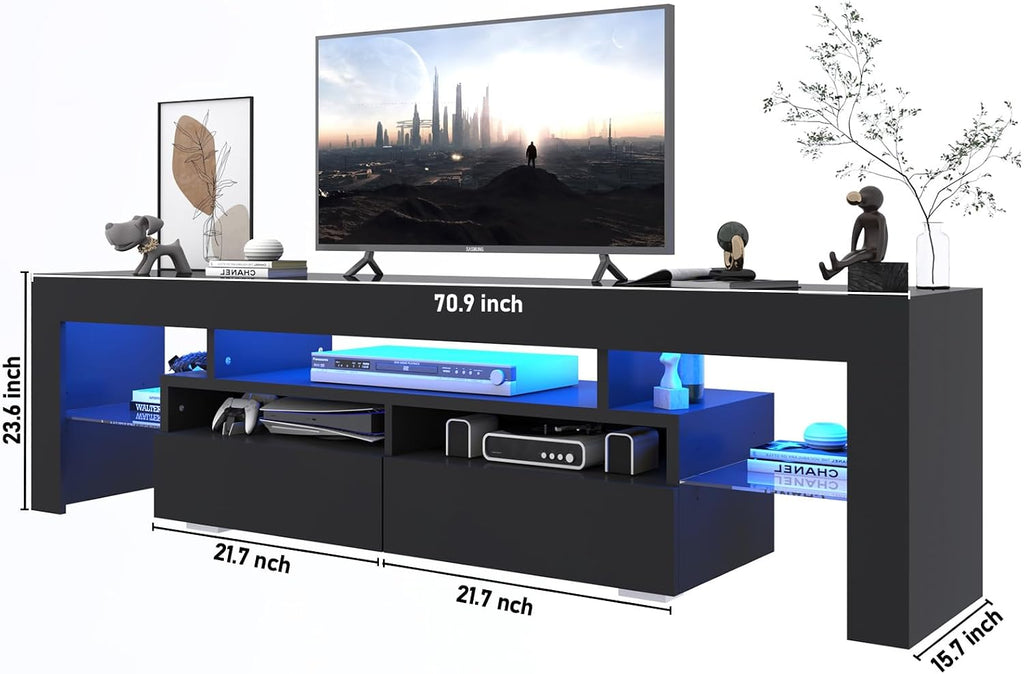Squireewo TV Stand with 16 Color LED Lights, Media Console with Drawer and Glass Open Shelf for 65/75/85 inch TV, Modern Gloss Entertainment Center for Living Room Bedroom, Black