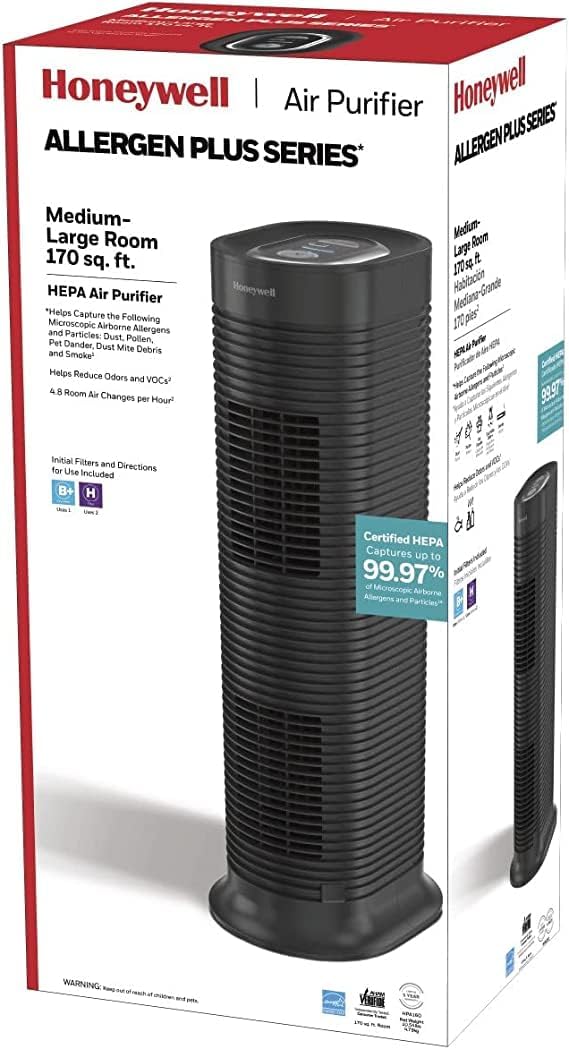 Honeywell HPA160 HEPA Allergen Plus Tower Air Purifier, Allergen Reducer for Medium-Large Rooms (170 sq ft), Black - Wildfire/Smoke, Pollen, Pet Dander, and Dust Air Purifier