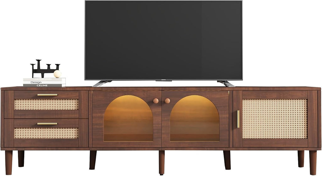 Rattan TV Stand with 3 Cabinets & 2 Drawers, LED Media Console Table for TVs up to 80'', TV Cabinet for Living Room, Entertainment Center，Bedroom, Home Theatre