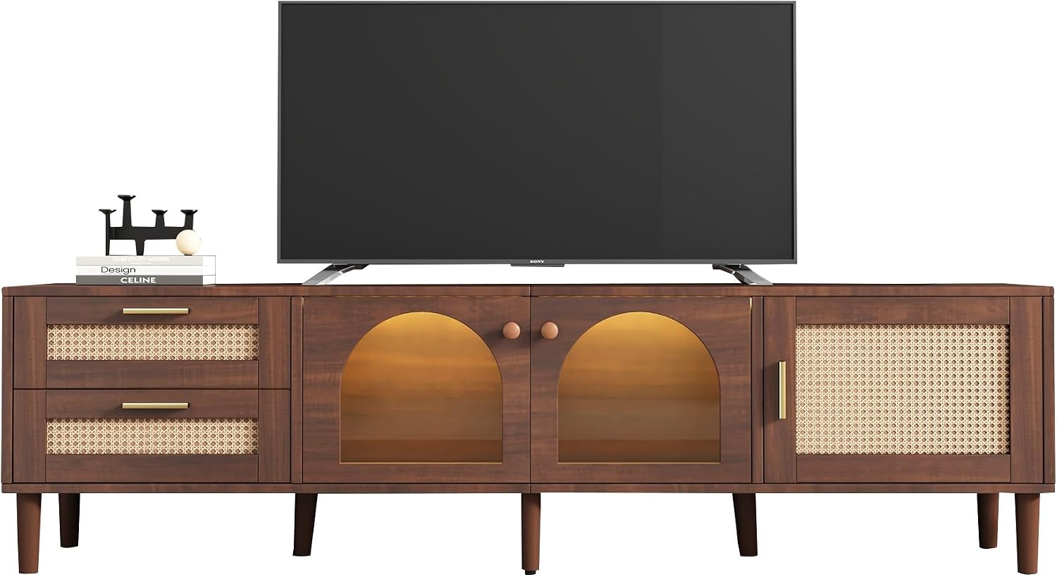 Rattan TV Stand with 3 Cabinets & 2 Drawers, LED Media Console Table for TVs up to 80'', TV Cabinet for Living Room, Entertainment Center，Bedroom, Home Theatre