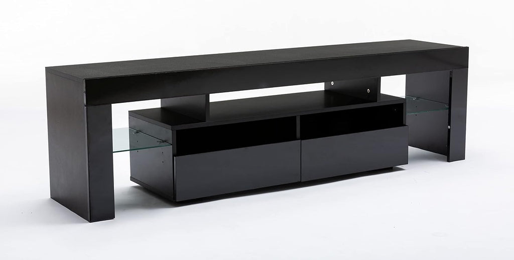 Squireewo TV Stand with 16 Color LED Lights, Media Console with Drawer and Glass Open Shelf for 60/65/70 inch TV, Modern Gloss Entertainment Center for Living Room, Black