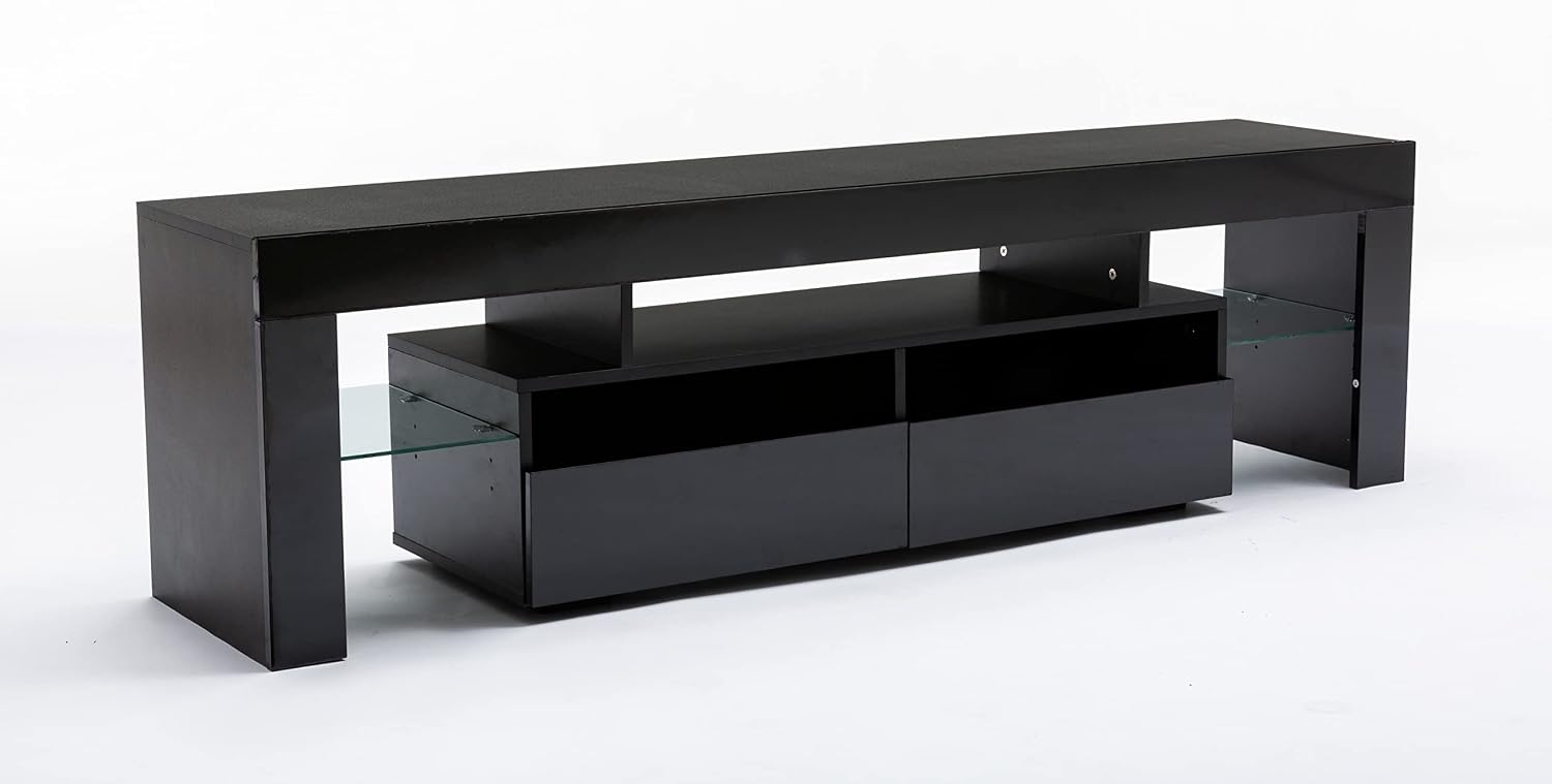 Squireewo TV Stand with 16 Color LED Lights, Media Console with Drawer and Glass Open Shelf for 60/65/70 inch TV, Modern Gloss Entertainment Center for Living Room, Black