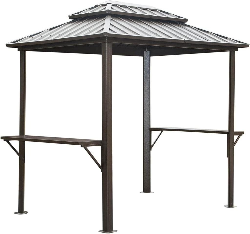 8'X6' Grill Gazebo Hardtop, Steel Grill Gazebo with Two Shelves Serving Tables, Permanent Double Roof Hard Top Gazebo, Heavy Duty Aluminum BBQ Gazebo for Patio, Deck, Backyard and Garden (Brown)
