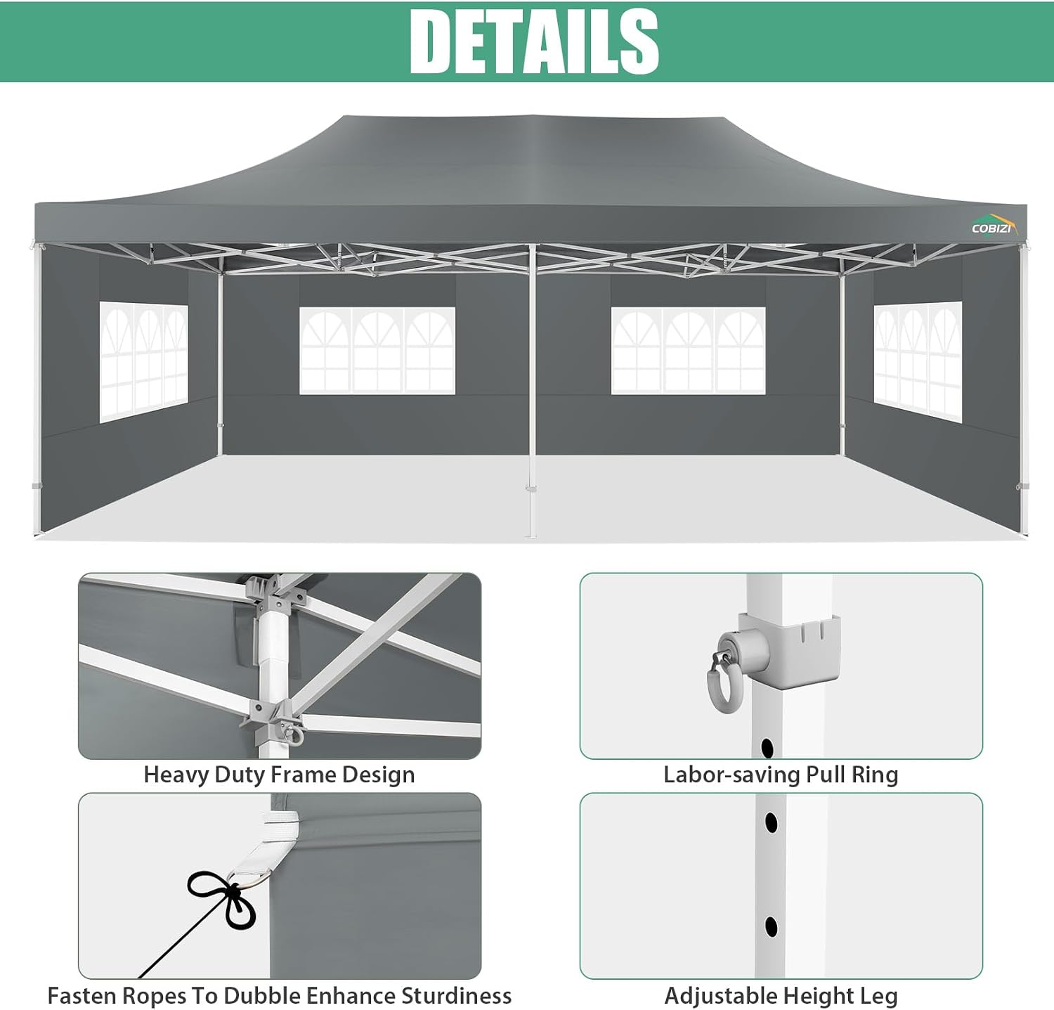 COBIZI 13x26 Heavy Duty Pop Up Canopy with 6 Sidewalls Party Tent Outdoor Wedding Large Event Tent with Roller Bag for Garden Lawn Waterproof UPF 50+ Easy Up, Gray (Framework Upgraded)