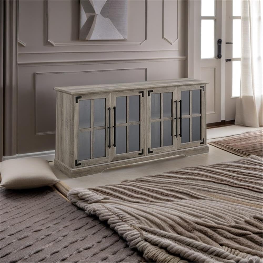 Pemberly Row Farmhouse 4 Door Wood TV Stand, Gray Wash Finish, Fits TVs up to 58', Adjustable Shelves, Cord Management, Tempered Glass Doors, Rustic Handles, Metal Accents, 28'H x 16'W x 58'D Media