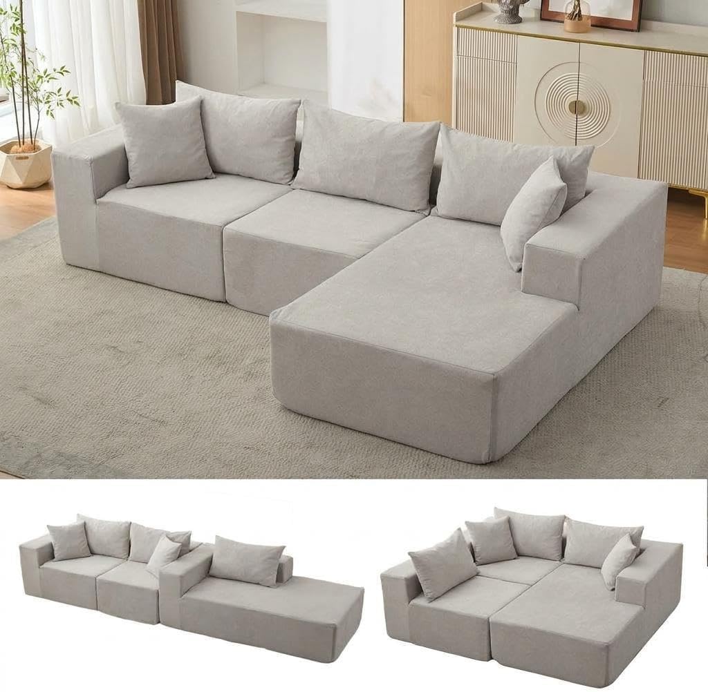 Garvee 108' Modular Sectional Sofa,Cloud Couch Sectional with Right Chaise | Fluffy Compressed l Shaped Sofa for Living Room | Boneless Couch & Sofa Bed Design,No Assembly Required, Beige