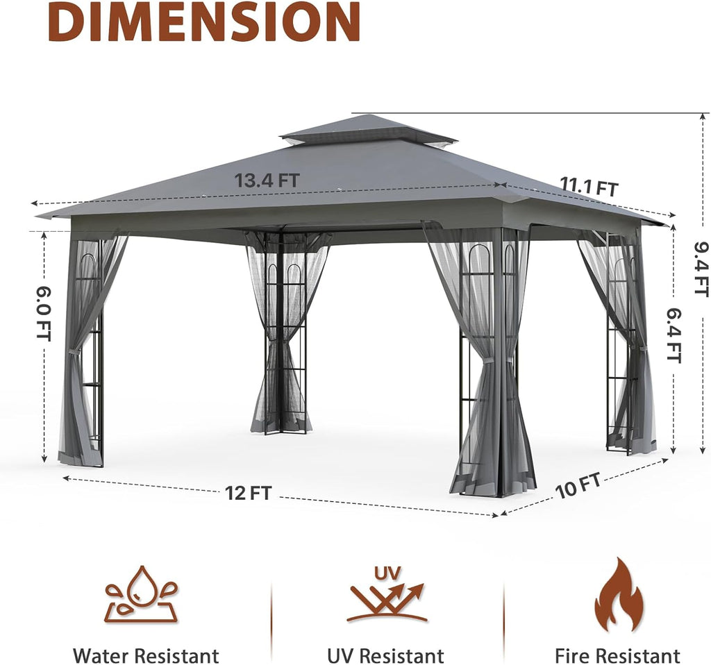 EAGLE PEAK Patio Gazebo with Mesh Netting 13x11 at Top 12x10 Footprint, Soft Top Outdoor Pavilion for Backyard, Deck, Lawn and Garden, Gray